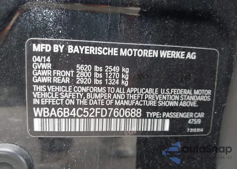 2015 BMW 650 Xi Gran Coupe from USA, damaged, VIN WBA6B4C52FD760688